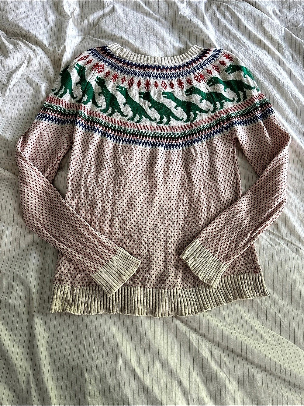 ModCloth Prehistoric Parade Fair Isle Sweater Cream & Green Large